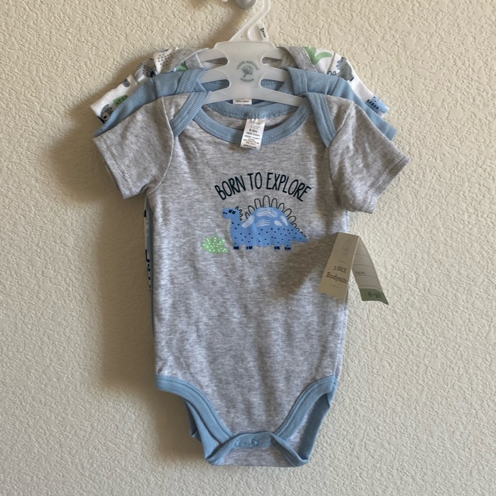 Baby Kiss 3pack Short Sleeve Snap Cotton Bodysuits, Dinosaur theme, Sz. 6 months